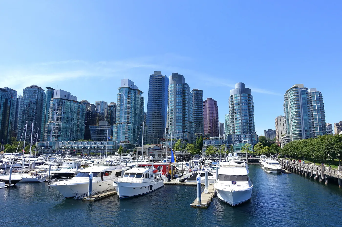Downtown Vancouver towers behind the Coal Harbour marina