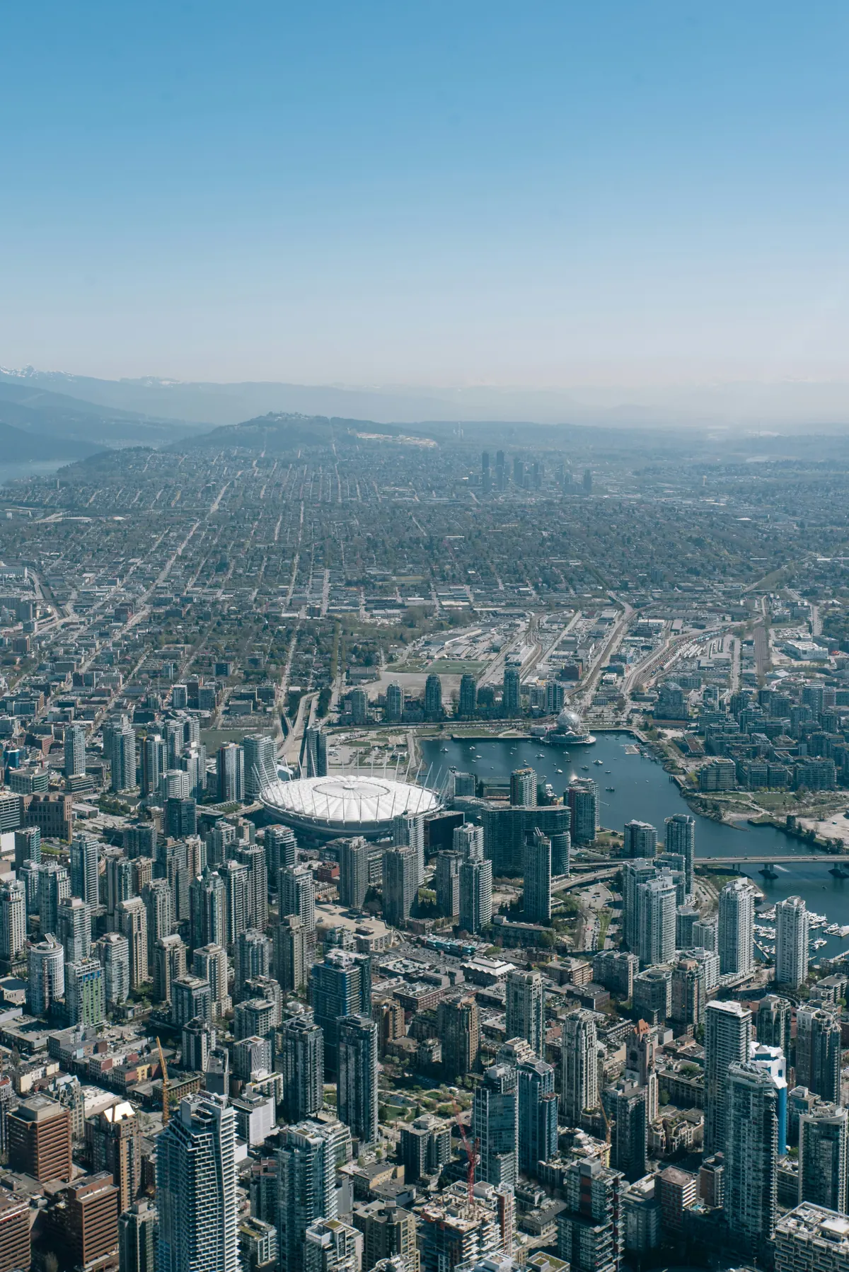 Aerial view looking down on the towers of downtown Vancouver