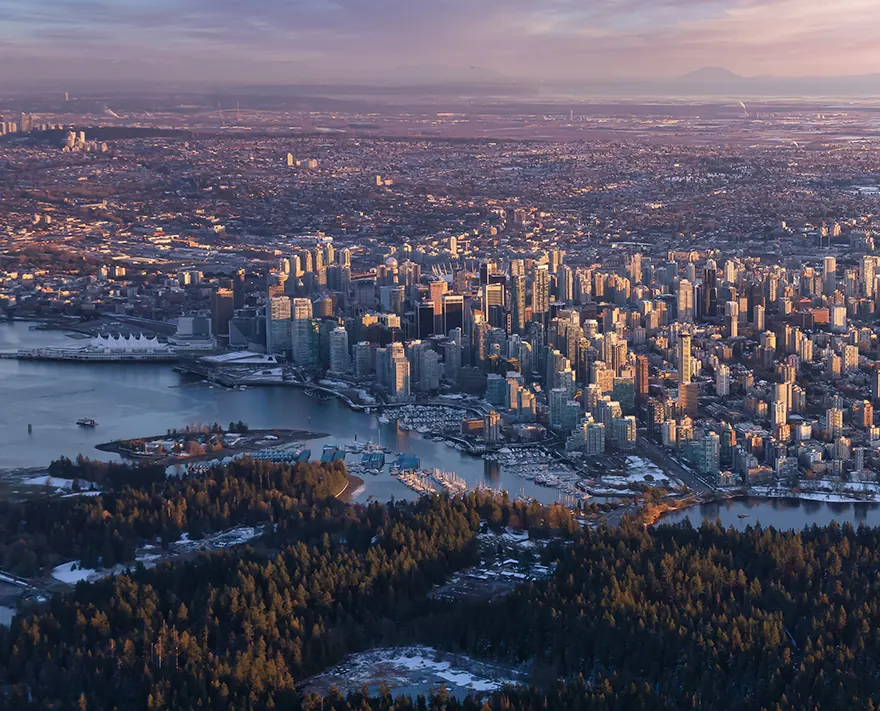 Aerial view of downtown Vancouver and the West End at dusk