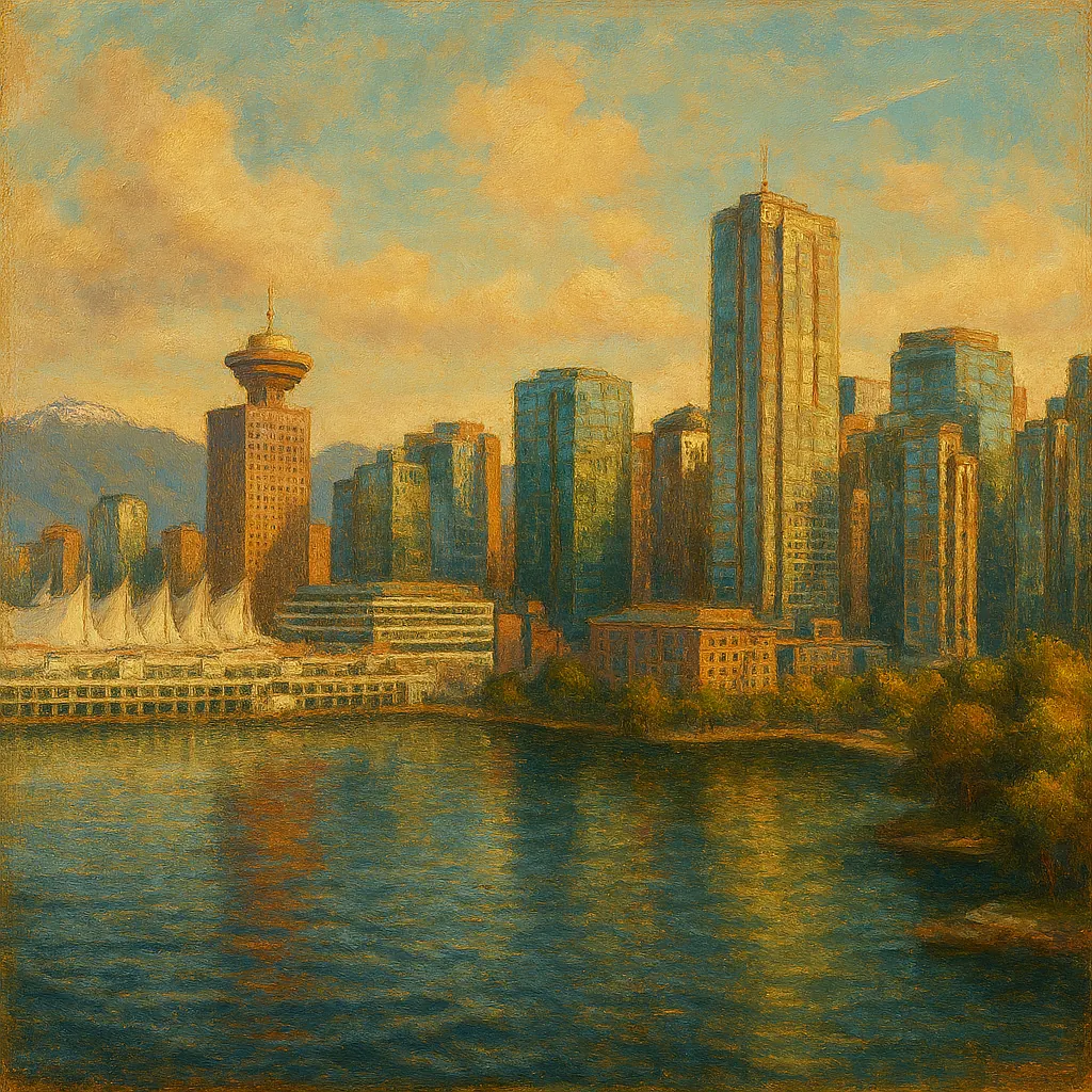 Painting of Canada Place and the downtown Vancouver waterfront in golden light