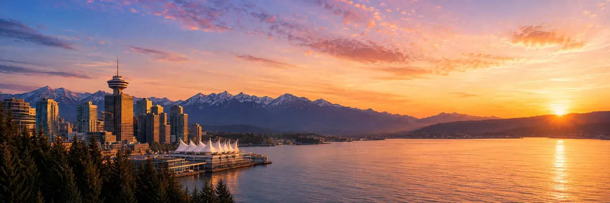 Canada Place and the downtown Vancouver waterfront at sunset