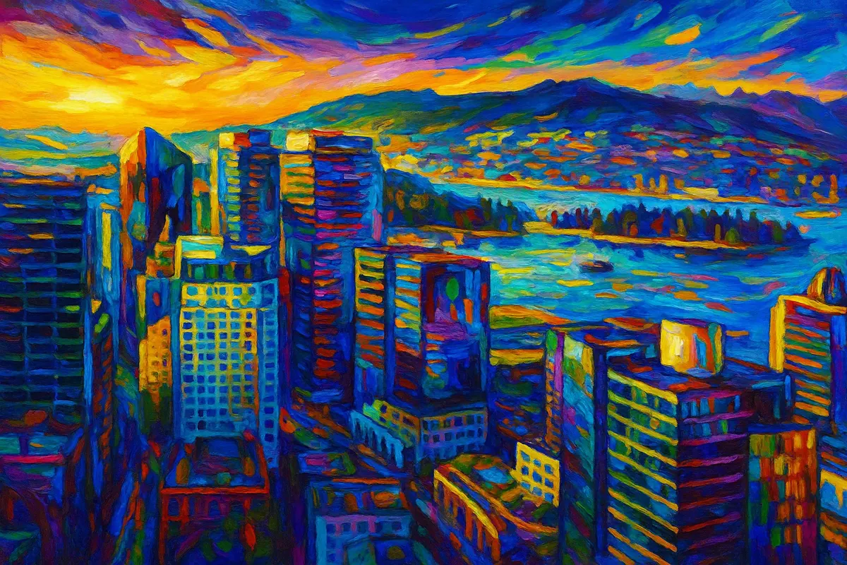 Bold, colourful painting of the Vancouver skyline, harbour and mountains
