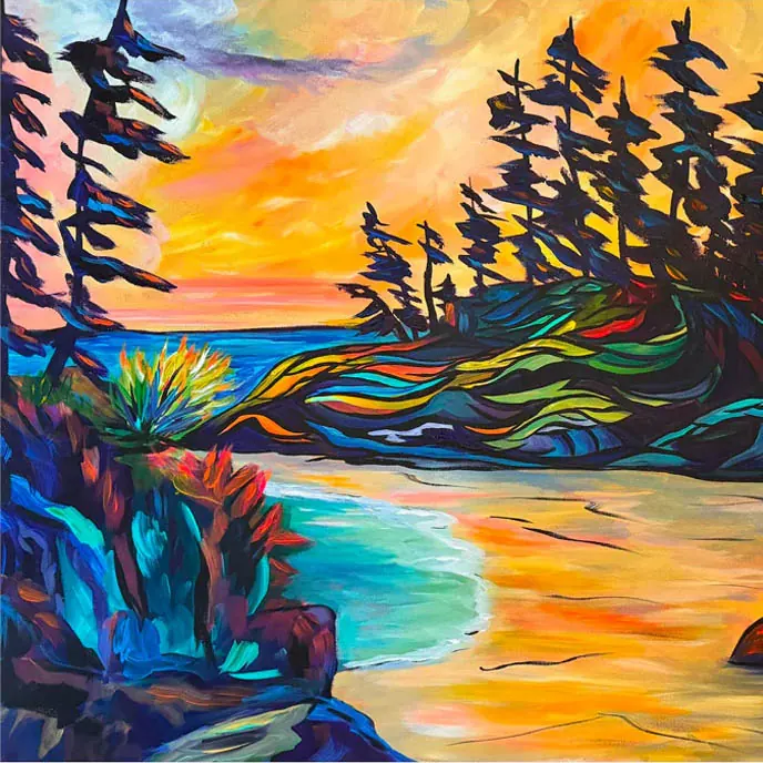 Colourful painting of a quiet BC cove with evergreens and a sunset sky