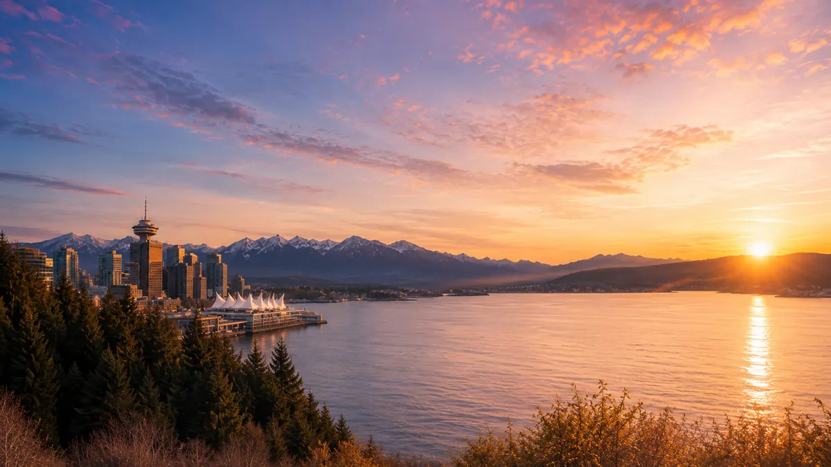 Sunset over English Bay and downtown Vancouver, seen from a forested hillside