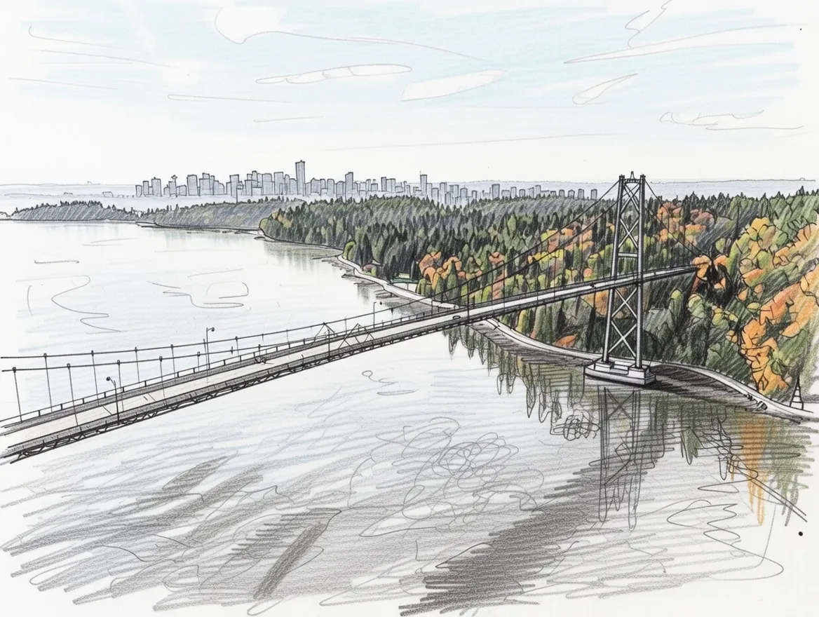 Pencil sketch of the Lions Gate Bridge crossing to downtown Vancouver