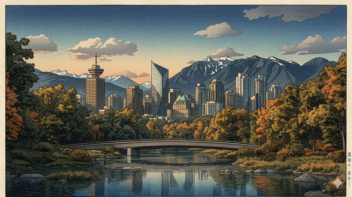 Painting of downtown Vancouver seen across a park lagoon, with trees and mountains