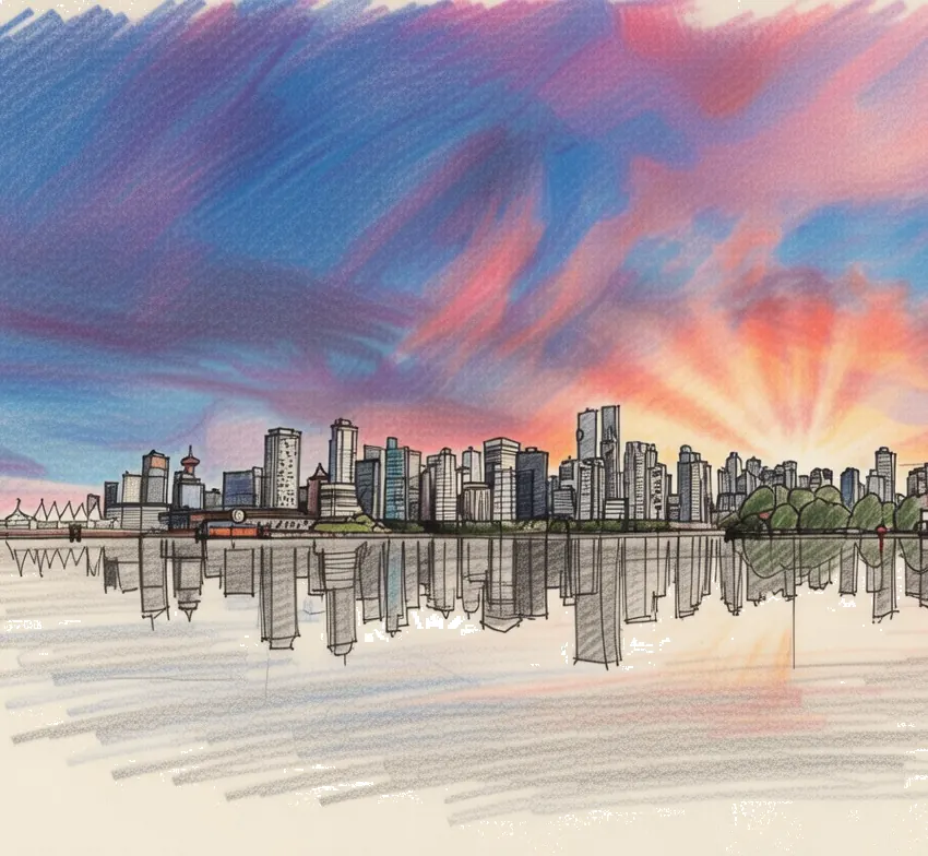 Watercolour sketch of the downtown Vancouver skyline at sunrise
