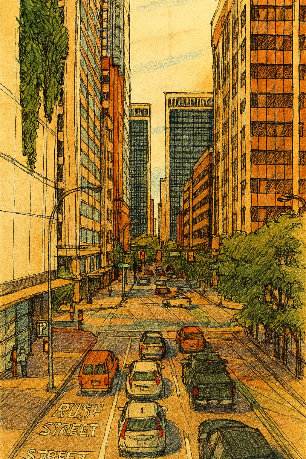 Painting of a busy downtown Vancouver street in warm evening light, shops and towers on both sides