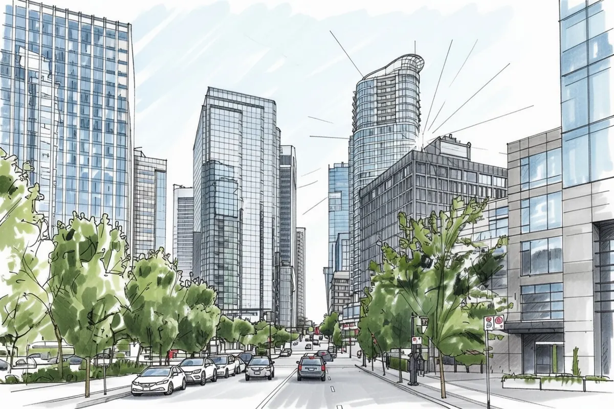 Pencil and watercolour sketch of a tree-lined downtown Vancouver street with glass towers