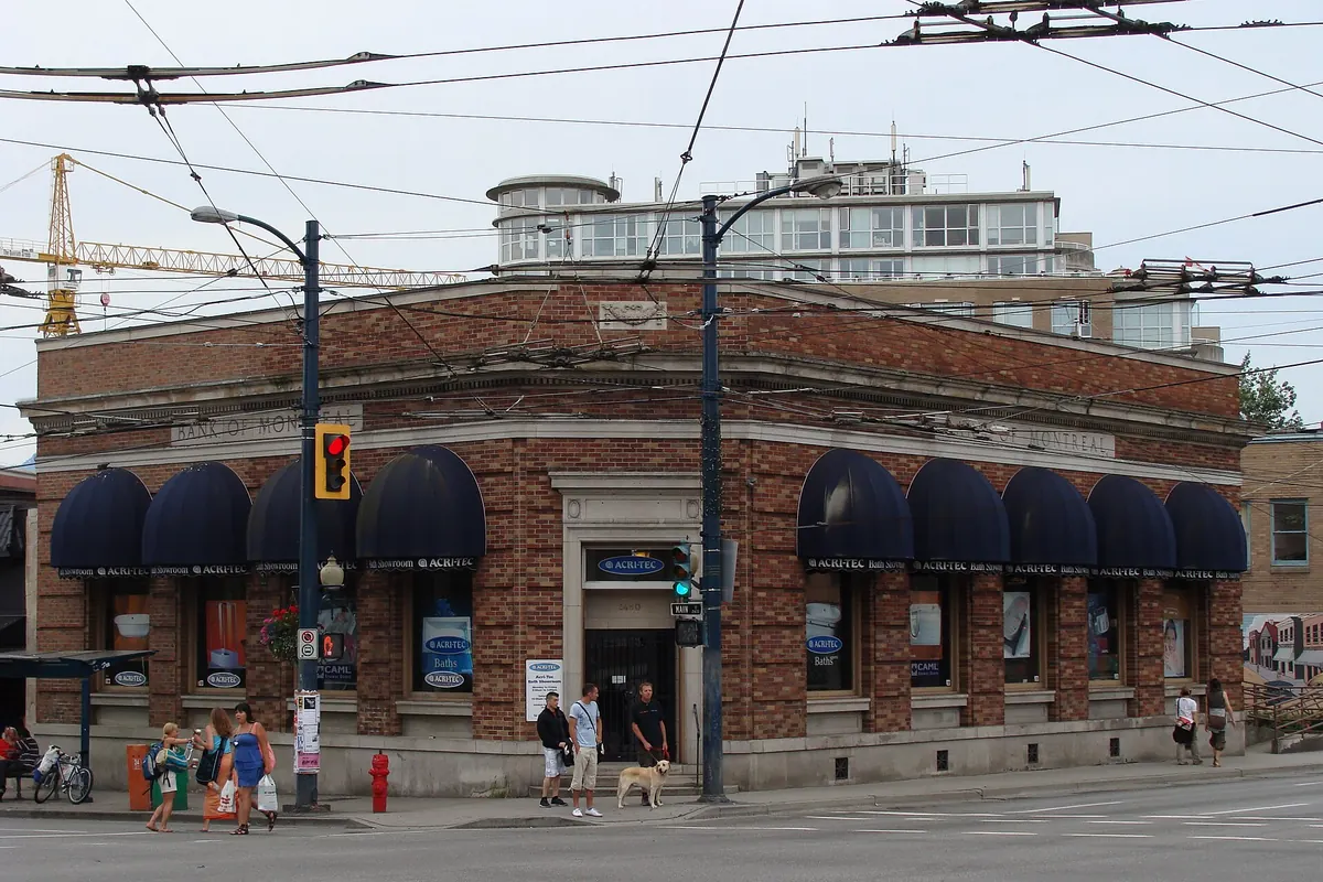 The classic stone Bank of Montreal building at Granville and Pender in Vancouver