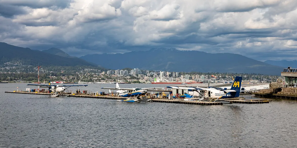 Vancouver Harbour with float planes and the North Shore mountains