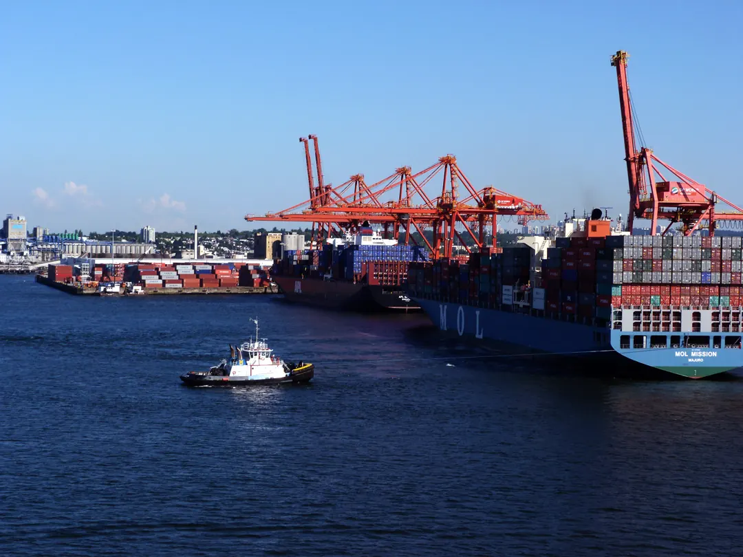 Cranes and a container ship at the Port of Vancouver