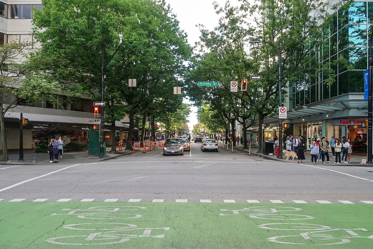 Robson Street shops and sidewalks in downtown Vancouver